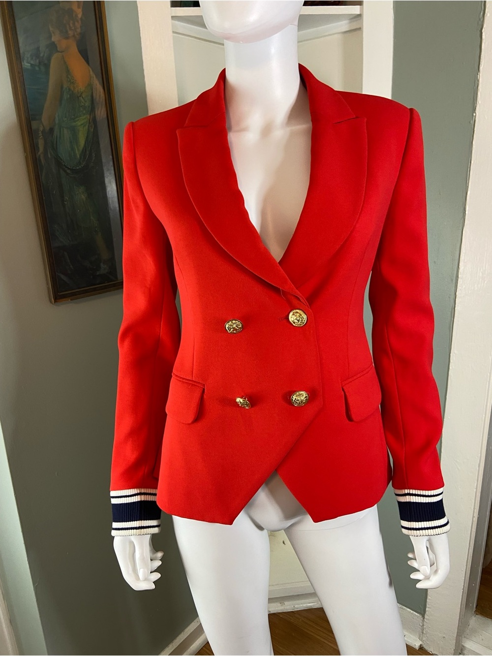 Scripted Red Double-Breasted Jacket Blazer Nautical Stripe Cuffs Medium M [TE]